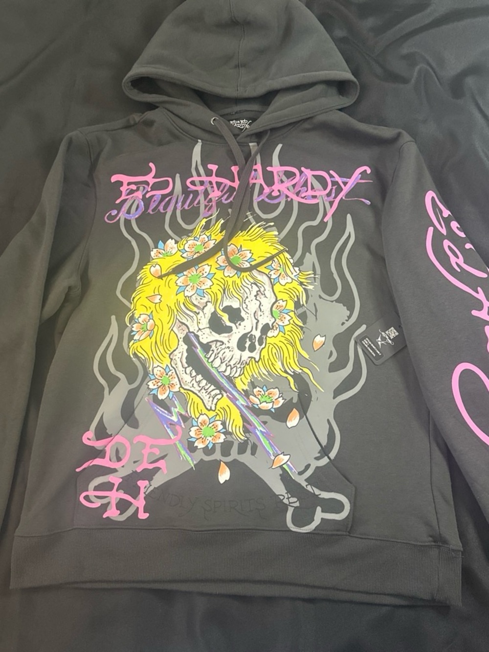 Ed Hardy charcoal Hoodie with Skull Floral Graphic men’s size large NWT